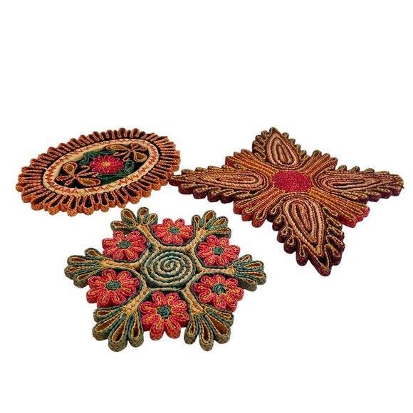 Handcrafted Raffia Woven Coasters Ornaments Set Of 3 Floral & Geometric Designs - Picture 1 of 9